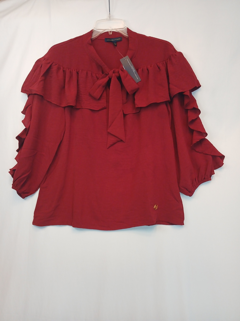 Adrienne Vittadini Burgundy Red Ruffle Tie Neck Blouse L New!